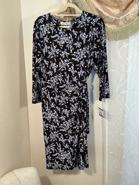 NWT KASPER Faux Wrap Dress Black & Floral 3/4 Sleeves Size XL Poly/Elastane